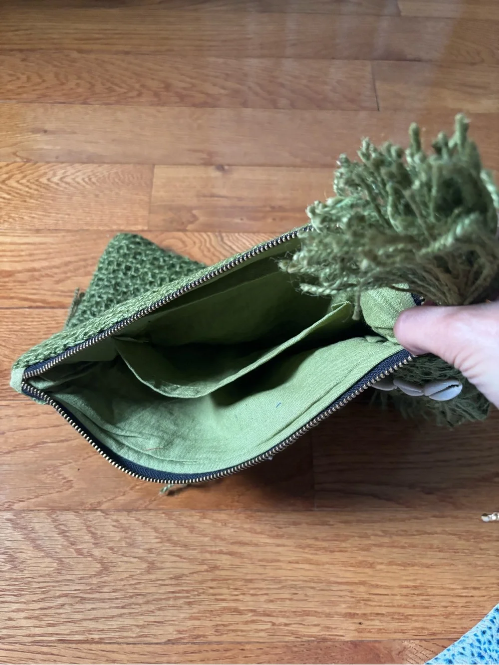 Boho Olive Green Fringe Clutch with Shell Trim